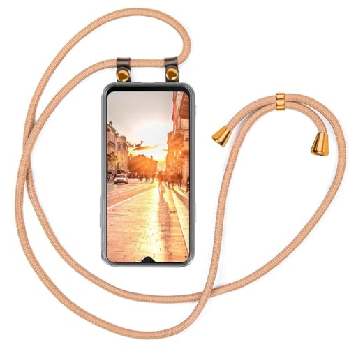 moex Handykette kompatibel mit Samsung Galaxy A12 Hülle mit Band Längenverstellbar, Handyhülle zum Umhängen, Silikon Case Transparent mit Kordel Schnur abnehmbar in Gold von moex