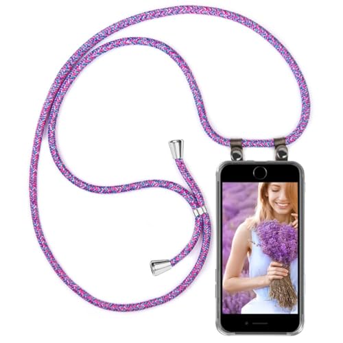 moex Handykette kompatibel mit iPhone 7 Plus/iPhone 8 Plus Hülle mit Band Längenverstellbar, Handyhülle zum Umhängen, Silikon Case Transparent mit Kordel Schnur abnehmbar in Lila Pink von moex