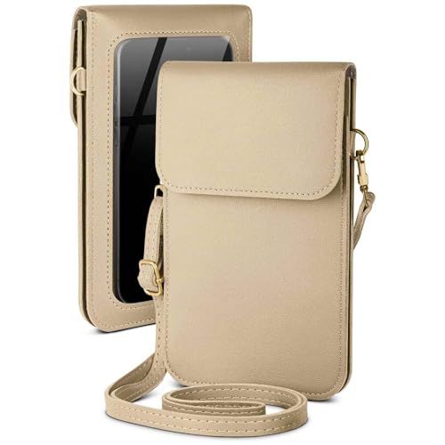 moex Handytasche zum Umhängen für iPhone 12 Pro Max – Kleine Handtasche mit Handyfach und Sichtfenster, 2 zusätzliche Fächer - Handy Umhängetasche Damen, Sandbeige von moex