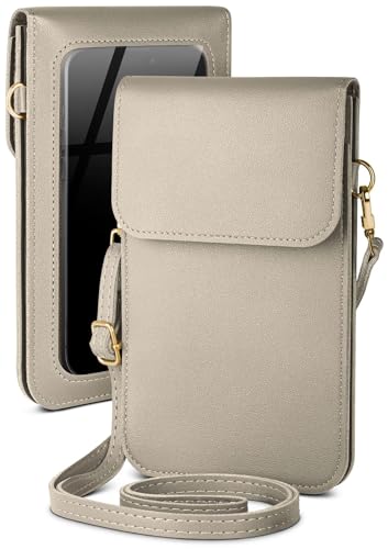moex Handytasche zum Umhängen für Apple iPhone 15 Pro Max – Kleine Handtasche mit Handyfach und Sichtfenster, 2 zusätzliche Fächer - Handy Umhängetasche Damen, Silbergrau von moex