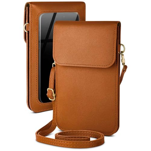 moex Handytasche zum Umhängen für iPhone 16 Pro Max – Kleine Handtasche mit Handyfach und Sichtfenster, 2 zusätzliche Fächer - Handy Umhängetasche Damen, Kastanienbraun von moex