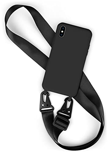 moex Hover Cover für Apple iPhone XR Handykette mit breitem Band, Hülle mit Band zum Umhängen, abnehmbare Nylon Kette mit Karabiner, stylisch und extrem robust – Schwarz von moex