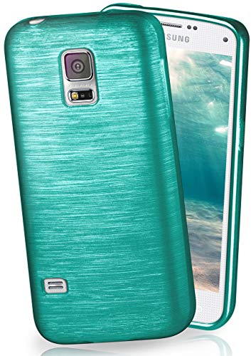 moex Stylische Brushed Aluminium-Optik & starker Grip | Ultra dünne Silikonhülle passend für Samsung Galaxy S5 / S5 Neo in Türkis von moex