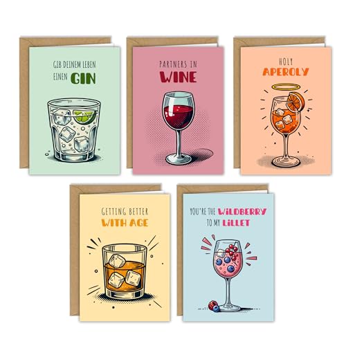 5x Karten zu verschiedenen Anlässen - Geburtstagskarten, Glückwunschkarten - mit Umschlägen - Aperol, Wein, Gin, Whiskey, Lillet - DIN A6 Klappkarten 5x Karten zu verschiedenen Anlässen - Geburtstagskarten, Glückwunschkarten - mit Umschlägen - Aperol, Wein, Gin, Whiskey, Lillet - DIN A6 Klappkarten von møij