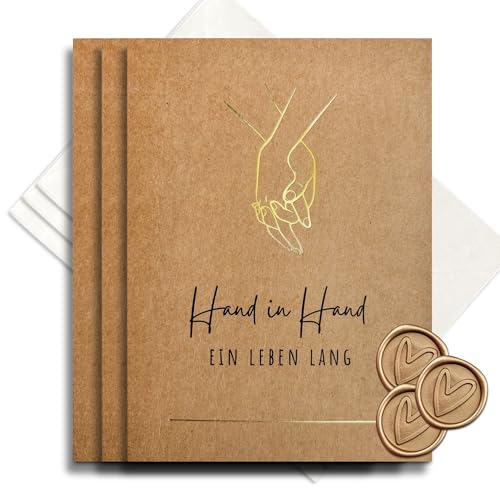 møij 3er Set Grußkarten zur Hochzeit aus Kraftkarton mit goldener Heißfolienprägung - Hand in Hand - Inkl. Briefumschlägen und Wachssiegel møij 3er Set Grußkarten zur Hochzeit aus Kraftkarton mit goldener Heißfolienprägung - Hand in Hand - Inkl. Briefumschlägen und Wachssiegel von møij