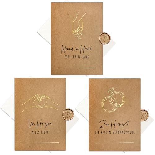 møij 3er Set Karten zur Hochzeit aus Kraftkarton mit goldener Heißfolienprägung - Inkl. Briefumschlägen und Wachssiegel møij 3er Set Karten zur Hochzeit aus Kraftkarton mit goldener Heißfolienprägung - Inkl. Briefumschlägen und Wachssiegel von møij
