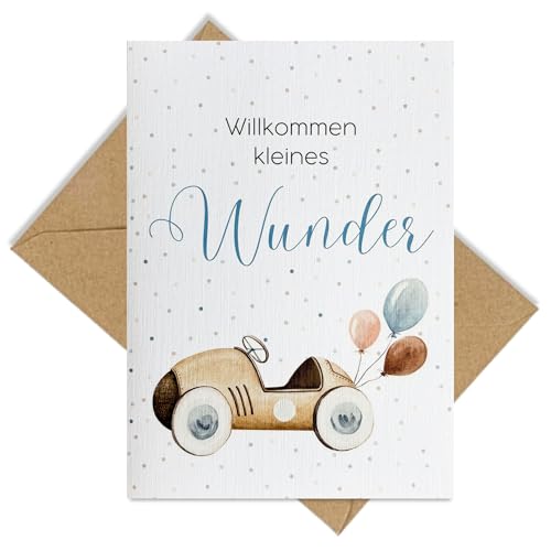 møij Karte zur Geburt aus Leinenkarton inkl. Briefumschlag aus Kraftpapier - modernes Design mit Auto von møij