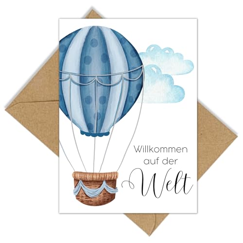møij Grußkarte zur Geburt aus Leinenkarton inkl. Briefumschlag aus Kraftpapier - modernes Design mit Heißluftballon von møij