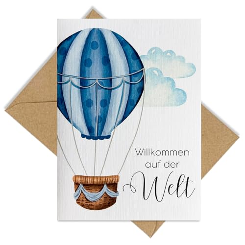 møij Karte zur Geburt aus Leinenkarton inkl. Briefumschlag aus Kraftpapier - modernes Design mit Heißluftballon von møij
