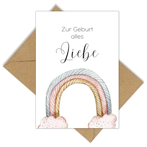 møij Grußkarte zur Geburt aus Leinenkarton inkl. Briefumschlag aus Kraftpapier - modernes Design mit Regenbogen von møij