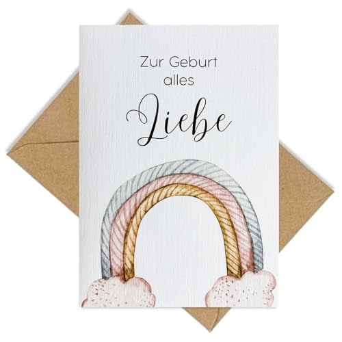 møij Grußkarte zur Geburt aus Leinenkarton inkl. Briefumschlag aus Kraftpapier - modernes Design mit Regenbogen von møij