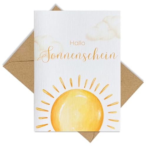 møij Karte zur Geburt aus Leinenkarton inkl. Briefumschlag aus Kraftpapier - modernes Design mit Sonne von møij