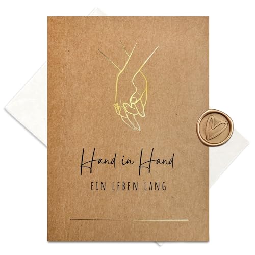 møij Karte zur Hochzeit aus Kraftkarton mit goldener Heißfolienprägung - Hand in Hand - Inkl. Briefumschlag und Wachssiegel von møij