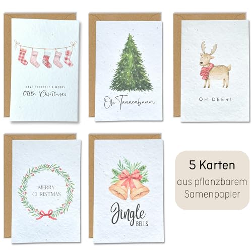 møij Nachhaltige pflanzbare Weihnachtskarten aus Samenpapier (5 Stk.) mit Umschlägen aus Kraftpapier - unterschiedliche Motive, moderne Aquarell Designs von møij