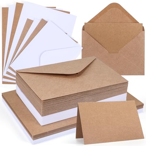 moinkerin 56x Klappkarten blanko mit Umschlägen (250g/m² A6) + 56x C6-Briefumschläge | Kraftpapier Umschlag Set für Hochzeitskarten, DIY Einladungen, Geburtstag & Weihnachtsgrüß （ Weiß & Braun） von moinkerin