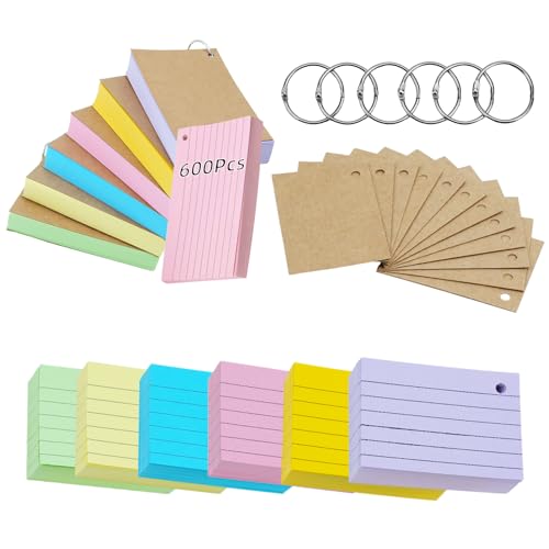 moinkerin Karteikarten 600 Stücke 5 * 3 Inch Mehrfarben Lernkarten Flashcards mit 6 Binderingen 12 Kraftpapier Karteikarten für Büro Haus Schule Lernen Linierte Karteikarte von moinkerin