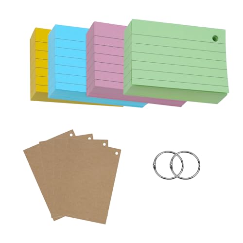 moinkerin Linierte Karteikarte 200 Stücke A6 Karteikarten Mehrfarben Lernkarten Flashcards mit 2 Binderingen 4 Kraftpapier Karteikarten für Büro Haus Schule Lernen von moinkerin