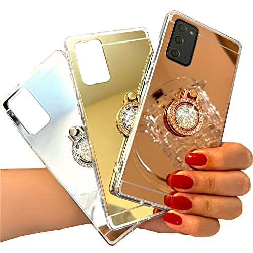 monjour Handy Hülle Ring Handytasche für Samsung Galaxy A50 mit Schminkspiegel Silikon Handyhülle Halterung in Gold mit Bling Bling Glitzer Brosche von monjour