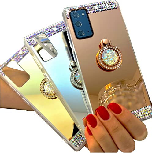 monjour Handyhülle für Samsung Galaxy A21s 2020 Handy Hülle mit Ring in Silber + Schminkspiegel Silikon Halterung mit Bling Bling Glitzer Handytasche Brosche von monjour