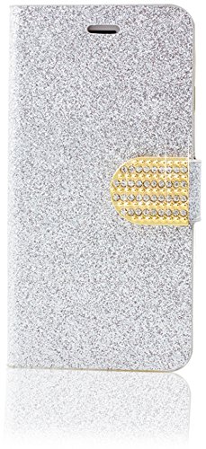 monjour Samsung Galaxy A51 Handy Hülle Schutzhülle Glitzer Strass Flip [Klappbar + Standfunktion] + [3 x Kartenfach] in [Silber] Wallet Book Full Cover Flip Case Diamant Tasche von monjour