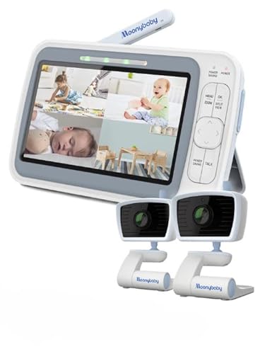 moonybaby QuadView 40 Babyphone mit Reduktion der EMF und mit 2 Kameras, 20 Tage Batterielaufzeit, Geteilter Bildschirm 5" 720p HD, Reichweite 1.000 Fuß, Gegensprechfunktion, Große Reichweite von moonybaby