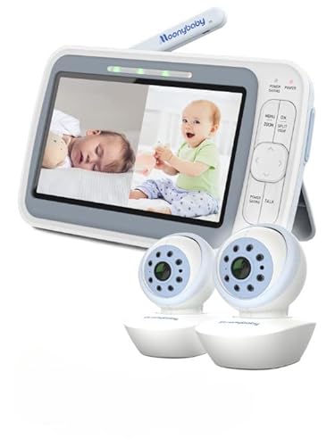 moonybaby QuadView 60 Babyphone mit Reduktion der EMF und mit 2 Schwenk-und neigbaren Kameras, 20 Tage Batterielaufzeit, Geteilter Bildschirm 5" 720p HD, Reichweite 1.000 Fuß, Gegensprechfunktion von moonybaby