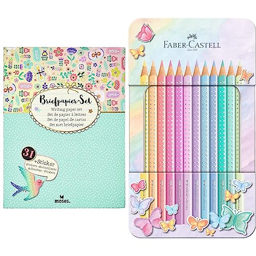 Moses Flowers & Friends Briefpapier-Set | Briefbögen, Briefumschläge und bunte Sticker in einer praktischen Aufbewahrungsmappe & Faber-Castell 201910 - Buntstifte Sparkle Pastell, 12er Metalletui von moses