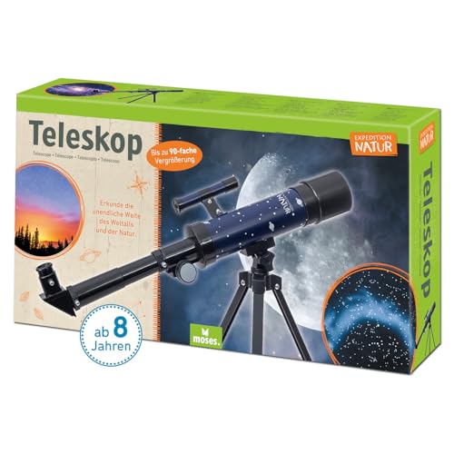 moses. Expedition Natur Teleskop, Teleskop Starter-Set für Kinder mit bis zu 90facher Vergrößerung, Einsteiger-Teleskop mit Stativ, tragbares Outdoor-Teleskop für unterwegs von moses