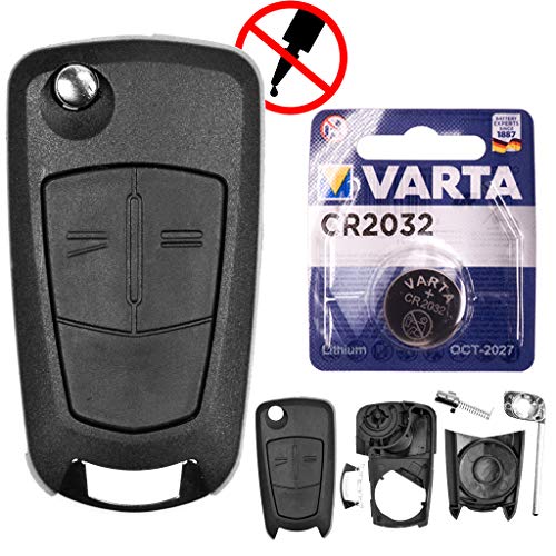 Autoschlüssel Funk Fernbedienung Austausch Gehäuse mit 2 Tasten + Rohling + Batterie kompatibel mit Opel Corsa D Tigra B Astra H Zafira B Antara von mt key