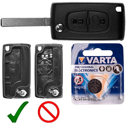 Autoschlüssel Funk Fernbedienung Austausch Gehäuse mit 2 Tasten + VA2 Rohling + Batterie kompatibel mit Peugeot 407 Partner Citroen C2 C3 Berlingo von mt key