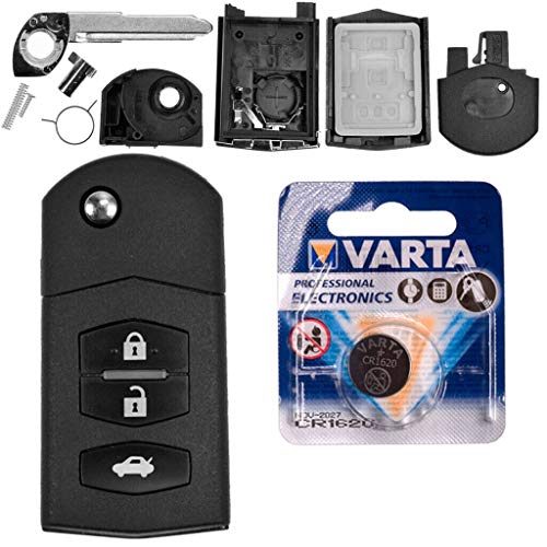 Autoschlüssel Funk Fernbedienung Austausch Gehäuse mit 3 Tasten + Rohling + Batterie kompatibel mit Mazda 2 DE 6 GH CX-7 ER MX-5 NC 3 BL 5 CR A von mt key