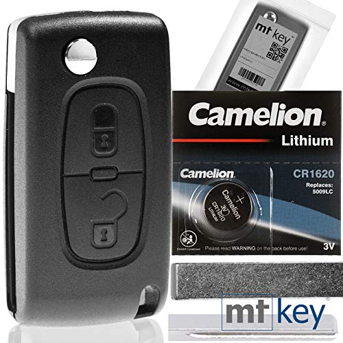 Klapp Schlüssel Gehäuse Funkschlüssel Fernbedienung Autoschlüssel 2 Tasten Rohling HU83 + Batterie kompatibel mit Citroen/Peugeot/FIAT von mt-key