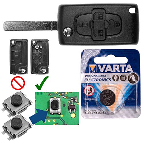 Repair Reparatur Satz Autoschlüssel Funk Fernbedienung Austausch Gehäuse mit 4 Tasten + VA2 Rohling + Batterie kompatibel mit Peugeot 807 1007 von mt key