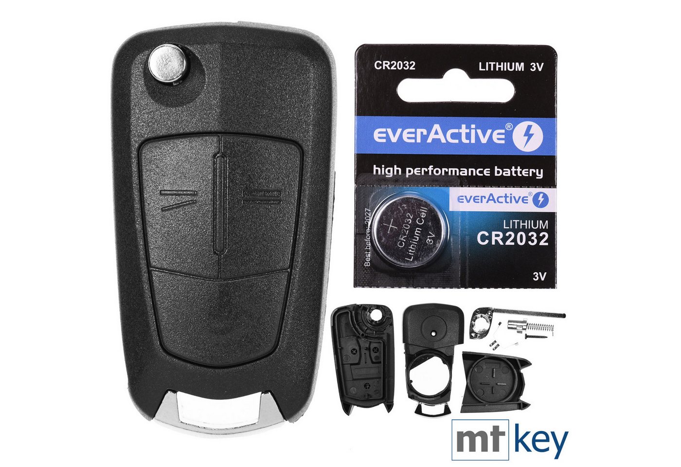 mt-key 2 Tasten Auto Klappschlüssel Funk Fernbedienung + 1x passende CR2032 Knopfzelle, CR2032 (3 V), für CORSA D ANTARA ZAFIRA B ASTRA H TIGRA von mt-key