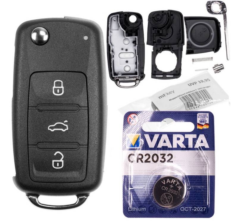 mt-key 3 Tasten Auto Klappschlüssel Ersatz Gehäuse + 1x VARTA CR2032 Knopfzelle, CR2032 (3 V), für ab BJ. 11/2009 VW UP POLO BEETLE GOLF SEAT IBIZA FABIA OCTAVIA von mt-key