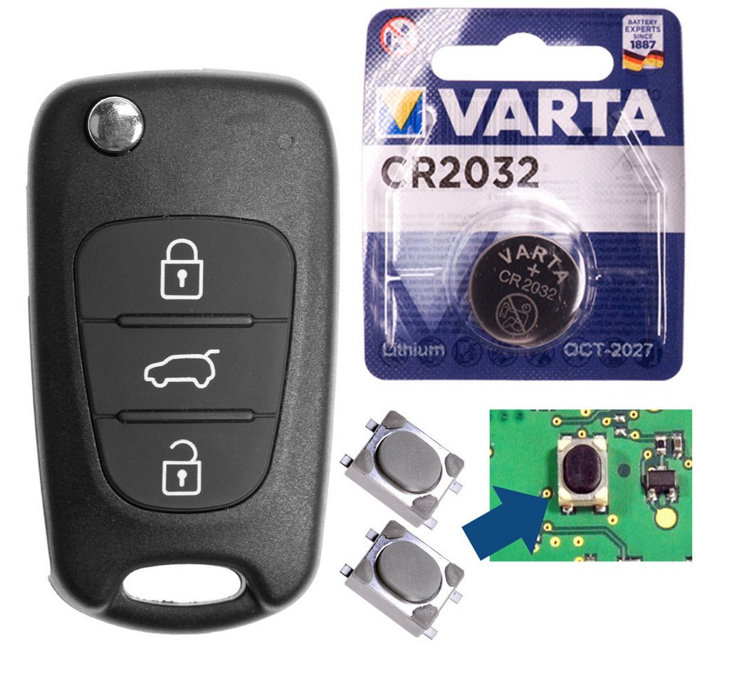 mt-key Auto Klapp Schlüssel 3 Tasten + Mikrotaster + Rohling + VARTA CR2032 Knopfzelle, CR2032 (3 V), für Hyundai Funk Fernbedienung von mt-key