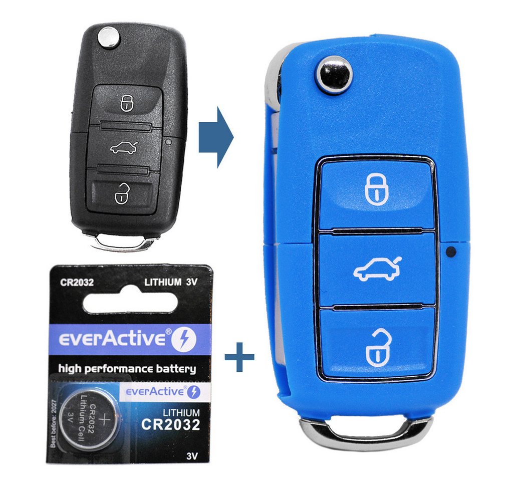 mt-key Auto Klapp Schlüssel 3 Tasten Blau + 1x Rohling HAA + passende CR2032 Knopfzelle, CR2032 (3 V), für NEU VW SEAT SKODA BLAU Funk Fernbedienung von mt-key