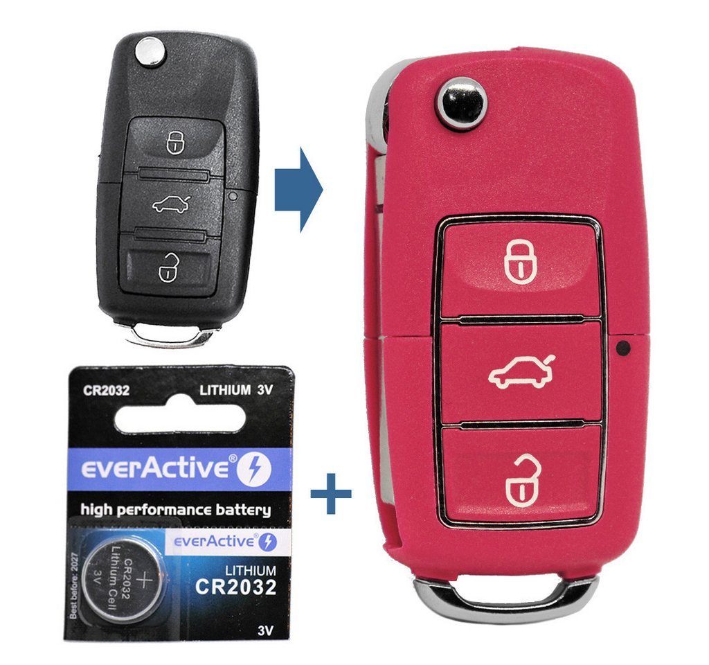 mt-key Auto Klapp Schlüssel 3 Tasten Pink + 1x Rohling HAA + passende CR2032 Knopfzelle, CR2032 (3 V), für NEU VW SEAT SKODA PINK Funk Fernbedienung von mt-key
