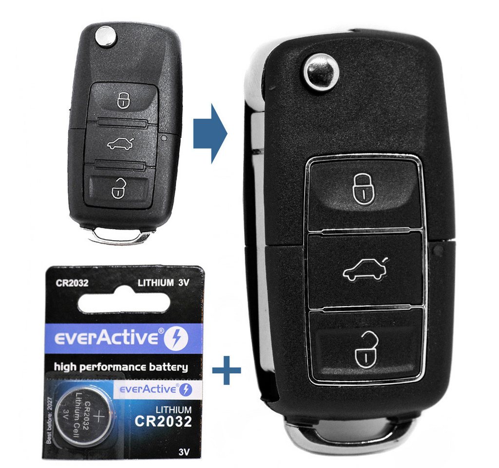 mt-key Auto Klapp Schlüssel 3 Tasten Schwarz + 1x Rohling HAA + 1x CR2032 Knopfzelle, CR2032 (3 V), für NEU VW SEAT SKODA SCHWARZ Funk Fernbedienung von mt-key