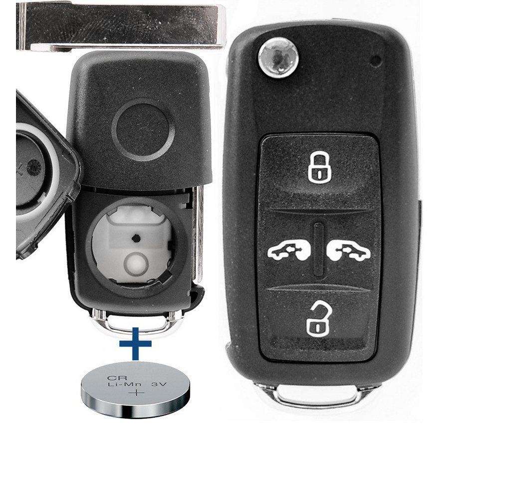 mt-key Auto Klapp Schlüssel 4 Tasten + 1x HAA Rohling + 1x passende CR2032 Knopfzelle, CR2032 (3 V), für VW SEAT SKODA Funk Fernbedienung von mt-key