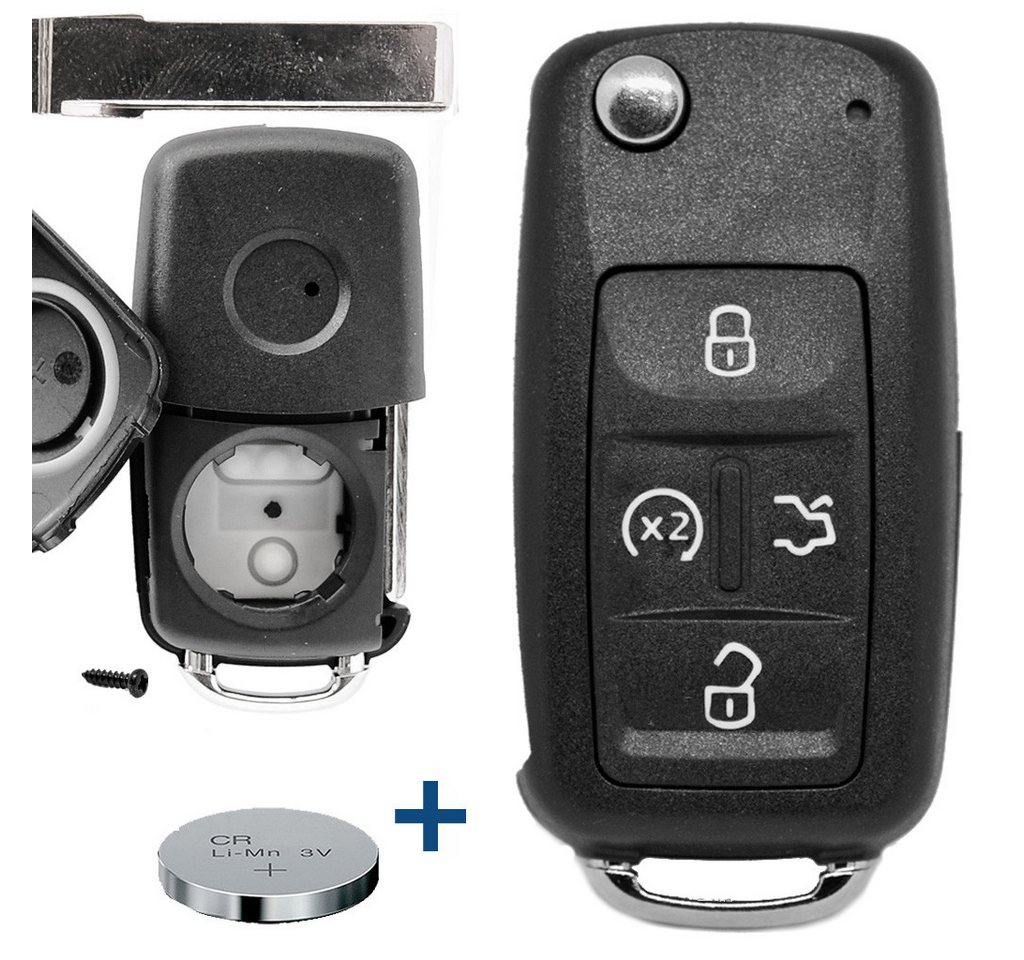 mt-key Auto Klapp Schlüssel 4 Tasten + 1x HAA Rohling + 1x passende CR2032 Knopfzelle, CR2032 (3 V), für VW SEAT SKODA Funk Fernbedienung von mt-key