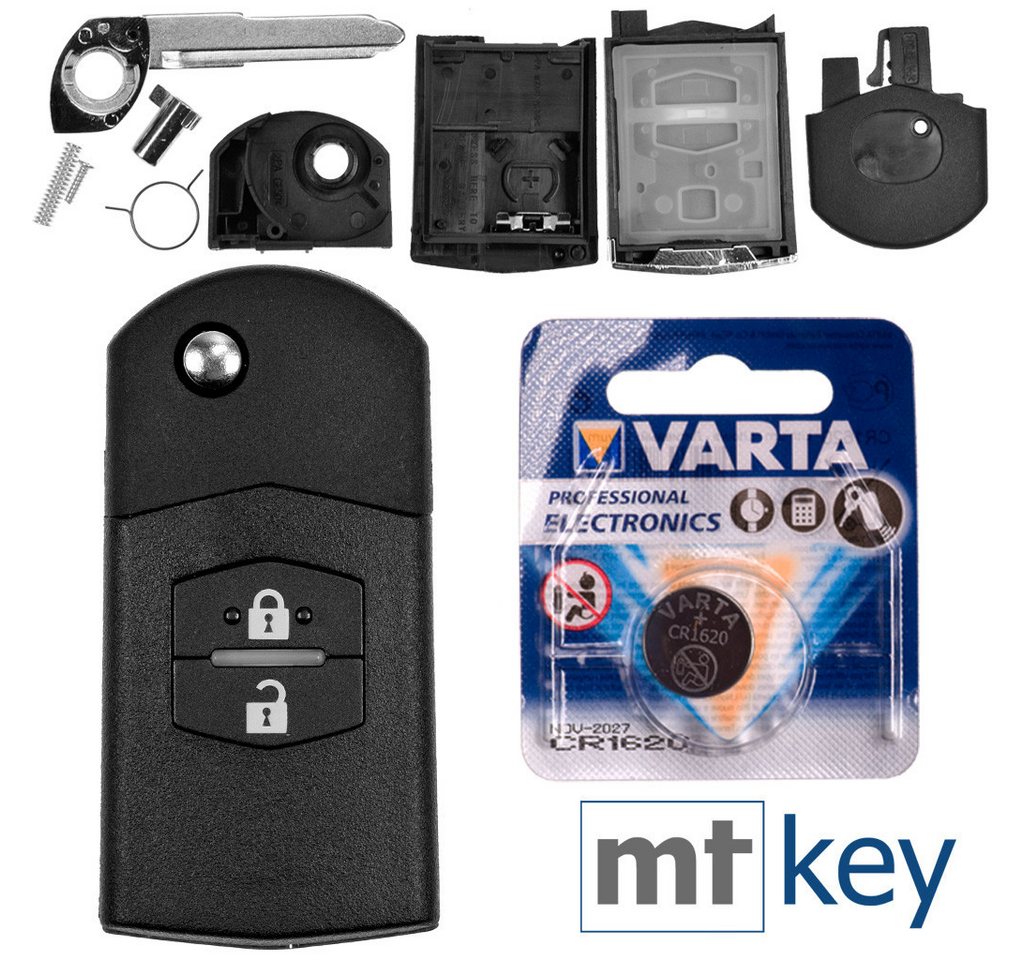 mt-key Auto Klapp Schlüssel Ersatz Gehäuse 2 Tasten + Rohling + VARTA CR1620 Knopfzelle, CR1620 (3 V), für Mazda 5 CW 2 DE 3 BK 6 SW BT-50 CX-9 CX-7 Funk Fernbedienung von mt-key