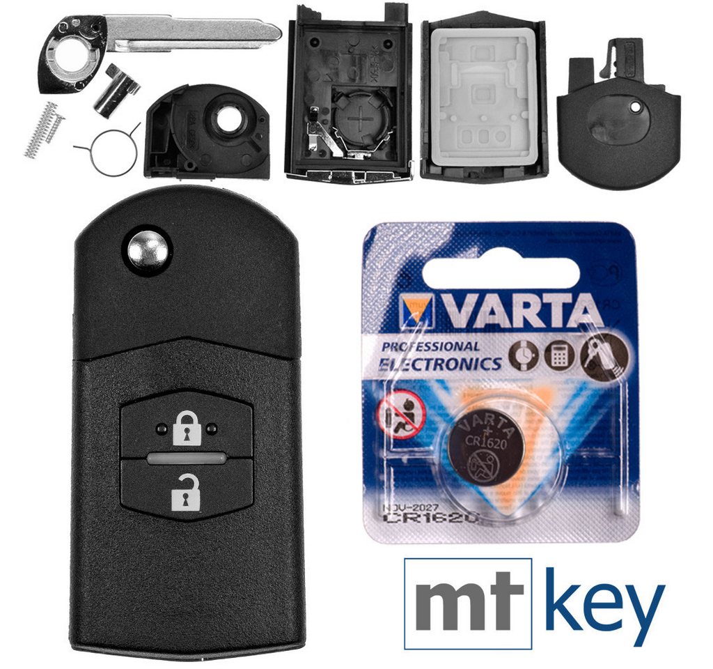 mt-key Auto Klapp Schlüssel Ersatz Gehäuse 2 Tasten + Rohling + VARTA CR1620 Knopfzelle, CR1620 (3 V), für Mazda 5 CW 2 DE 3 BK 6 SW BT-50 CX-9 CX-7 Funk Fernbedienung von mt-key