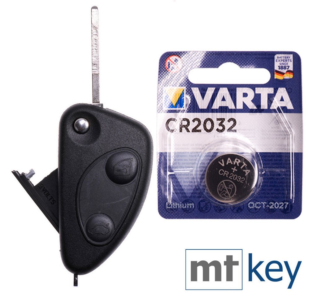 mt-key Auto Klapp Schlüssel Ersatz Gehäuse 2 Tasten + Rohling + VARTA CR2032 Knopfzelle, CR2032 (3 V), für Alfa Romeo 156 147 937 GT 97-10 Funk Fernbedienung von mt-key