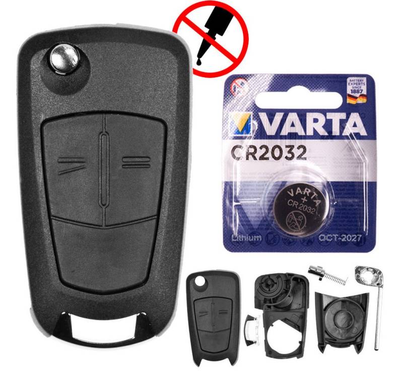 mt-key Auto Klapp Schlüssel Ersatz Gehäuse 2 Tasten + Rohling + VARTA CR2032 Knopfzelle, CR2032 (3 V), für OPEL CORSA D TIGRA B ASTRA H ZAFIRA B Funk Fernbedienung von mt-key