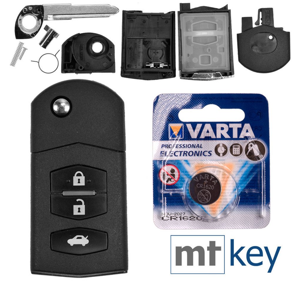 mt-key Auto Klapp Schlüssel Ersatz Gehäuse 3 Tasten + Rohling + VARTA CR1620 Knopfzelle, CR1620 (3 V), für Mazda 2 DE 6 GH CX-7 ER MX-5 NC 3 BL 5 CR Funk Fernbedienung von mt-key