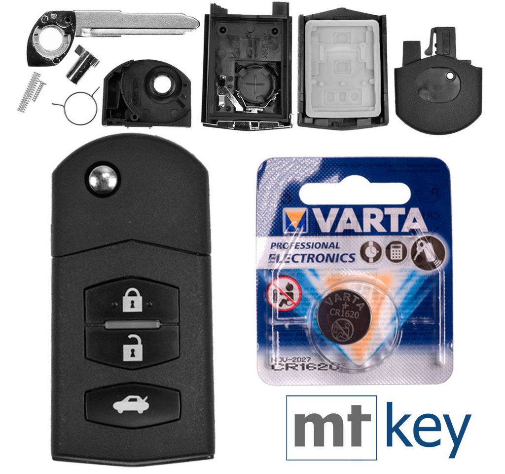 mt-key Auto Klapp Schlüssel Ersatz Gehäuse 3 Tasten + Rohling + VARTA CR1620 Knopfzelle, CR1620 (3 V), für Mazda 2 DE 6 GH CX-7 ER MX-5 NC 3 BL 5 CR Funk Fernbedienung von mt-key