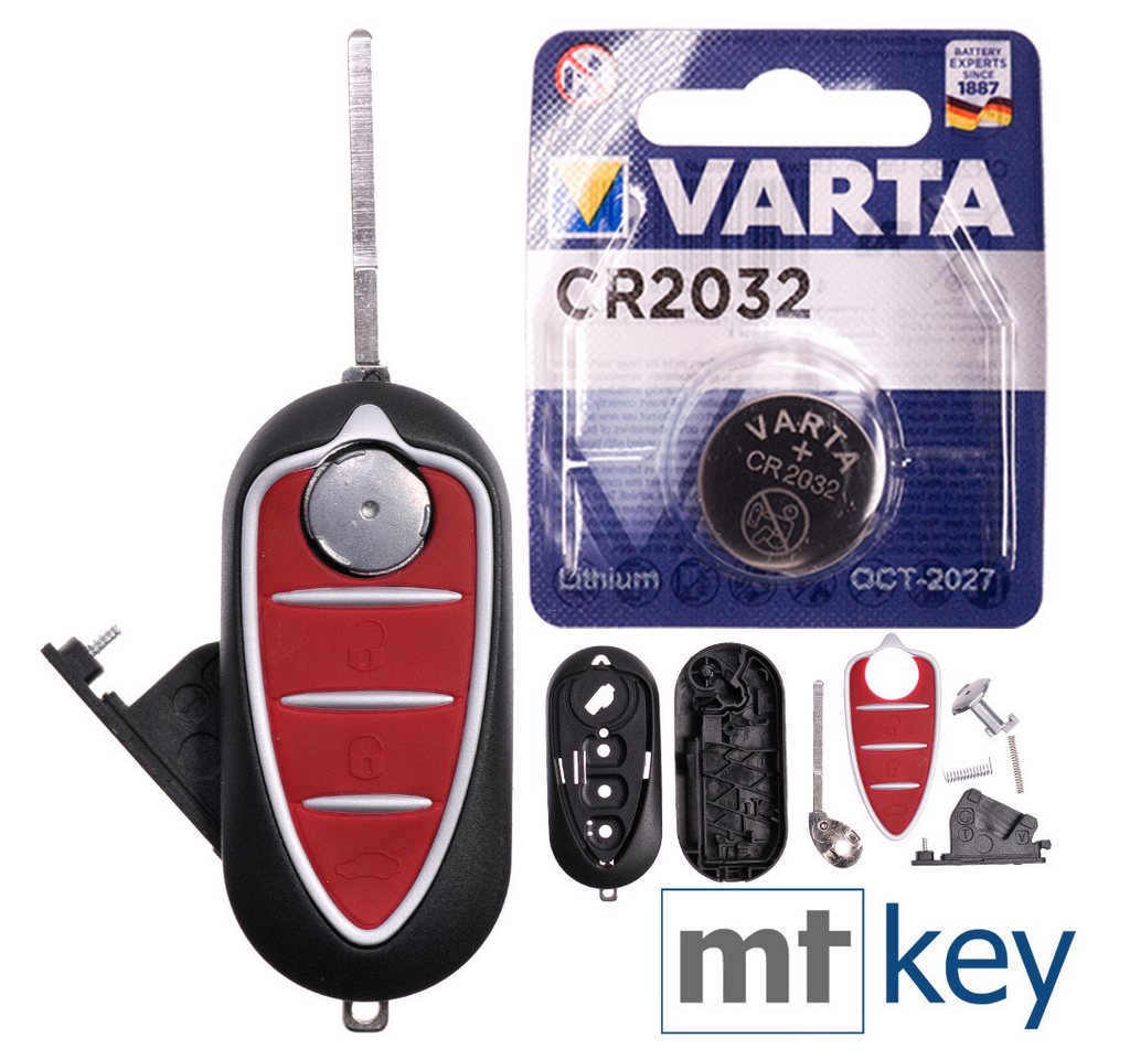 mt-key Auto Klapp Schlüssel Ersatz Gehäuse 3 Tasten + Rohling + VARTA CR2032 Knopfzelle, CR2032 (3 V), für ALFA ROMEO Mito 2008-2013 Funk Fernbedienung von mt-key