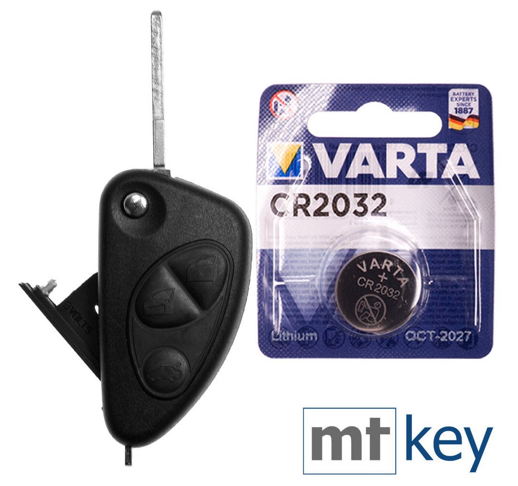 mt-key Auto Klapp Schlüssel Ersatz Gehäuse 3 Tasten + Rohling + VARTA CR2032 Knopfzelle, CR2032 (3 V), für Alfa Romeo 156 147 937 GT 97-10 Funk Fernbedienung von mt-key