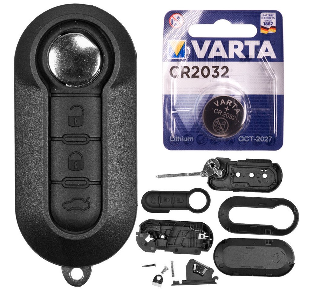 mt-key Auto Klapp Schlüssel Ersatz Gehäuse 3 Tasten + Rohling + VARTA CR2032 Knopfzelle, CR2032 (3 V), für FIAT 500 Ducato Punto Peugeot Citroen Funk Fernbedienung von mt-key